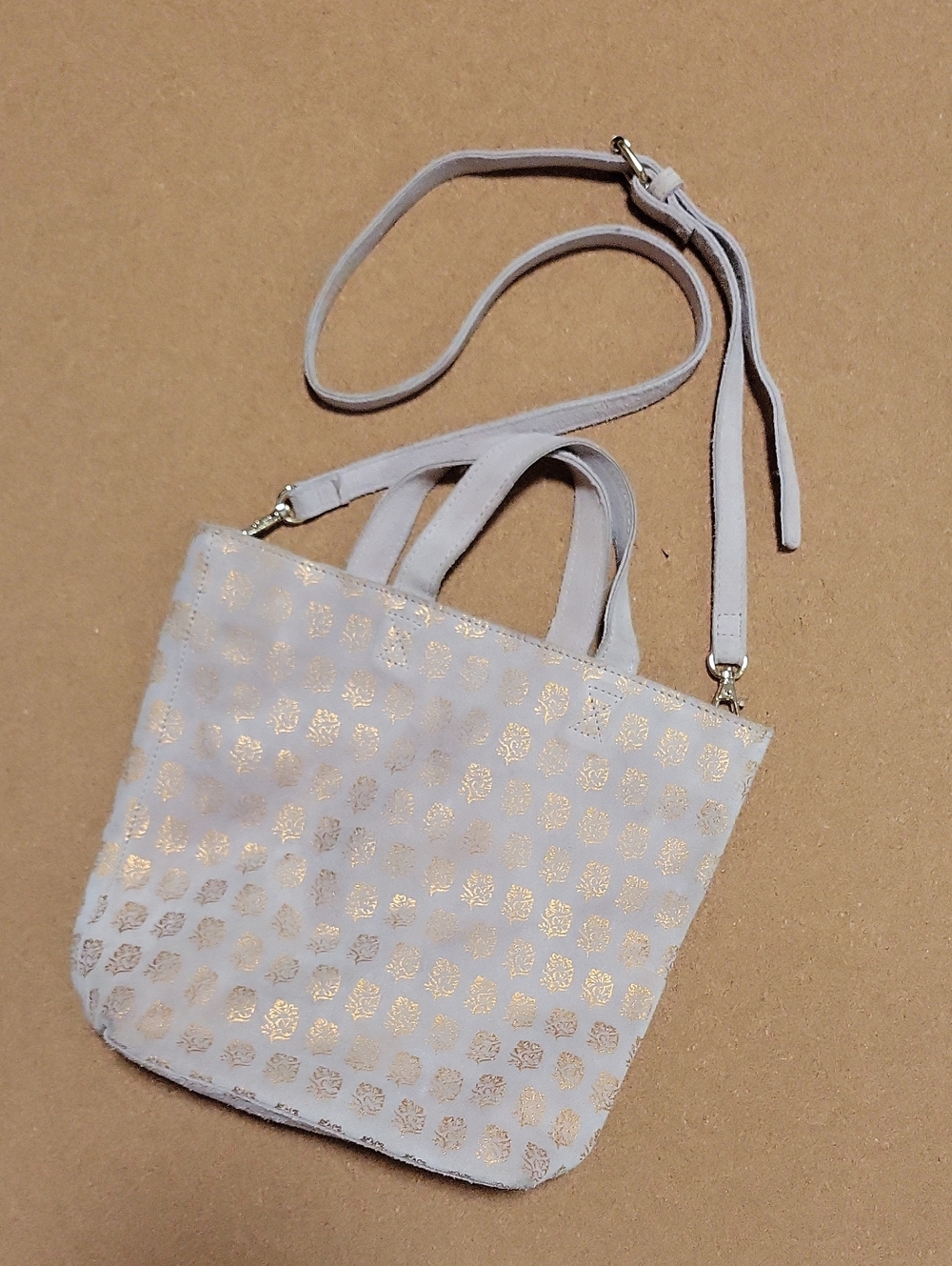 Anthropologie Llani 100% Leather Suede Tan Mini Tote Bag with Gold Foil Pattern